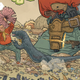 The Shaolin Cowboy fights a lizard holding an assault rifle in its tail with a giant Shaolin Cowboy in the background